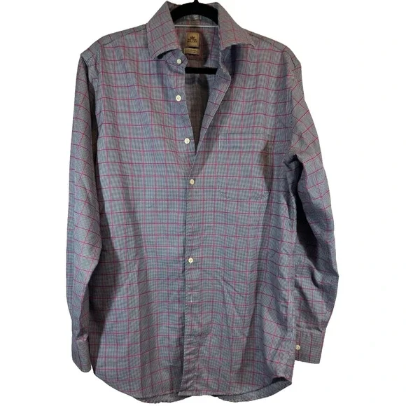 Peter Millar Dress Shirt Nanoluxe Blue Plaid Button Down Mens 15.5 Long D27 - Picture 1 of 7